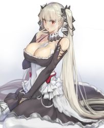 Rule 34 | 1girl, :o, absurdly long hair, azur lane, blush, breasts, cleavage, collar, collarbone, commentary request, corset, dress, formidable (azur lane), frills, hair ribbon, hand on own cheek, hand on own face, highres, kirome (kamipaper), large breasts, long hair, looking at viewer, open mouth, platinum blonde hair, red eyes, ribbon, seiza, sitting, sketch, solo, twintails, two-tone ribbon, very long hair
