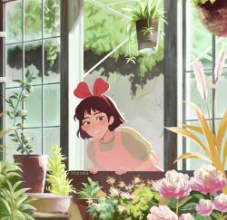 Rule 34 | 1girl, animated, animated gif, apron, artist name, blush, bow, brown eyes, brown hair, flower, green shirt, greenhouse, hair bow, highres, kiki (majo no takkyuubin), leaning forward, looking at viewer, majo no takkyuubin, medium hair, onzze, pink apron, pink flower, pink rose, plant, potted plant, red bow, rose, shirt, smile, studio ghibli, teeth, window