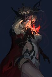 Rule 34 | 1girl, blonde hair, blue eyes, breasts, bug, cape, dark background, dress, eyepatch, fire, genshin impact, gloves, headgear, highres, insect, jewelry, large breasts, long hair, long sleeves, moth, revealing clothes, shadow, signora (genshin impact), smile, thighs