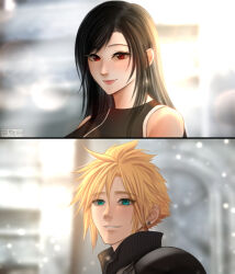 Rule 34 | 1boy, 1girl, absurdres, azezazel, bare shoulders, black hair, black shirt, black vest, blonde hair, blue eyes, blurry, blurry background, blush, closed mouth, cloud strife, earrings, final fantasy, final fantasy vii, final fantasy vii advent children, glint, hair behind ear, hair between eyes, highres, indoors, jewelry, light particles, long hair, looking at viewer, parted lips, pink lips, popped collar, portrait, red eyes, shirt, short hair, signature, single earring, single shoulder pad, smile, spiked hair, stud earrings, swept bangs, tank top, tifa lockhart, twitter username, upper body, vest, white tank top