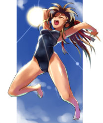 Rule 34 | 1girl, armpits, barefoot, brown hair, competition swimsuit, closed eyes, full body, jumping, katahira masashi, lens flare, one-piece swimsuit, original, solo, sun, swimsuit