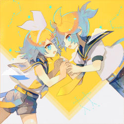 Rule 34 | 1boy, 1girl, belt, black collar, black shorts, blonde hair, blue eyes, bow, brother and sister, collar, collared shirt, commentary, constellation, fang, floating, gemini (constellation), gemini (vocaloid), gemini (zodiac), hair bow, hair ornament, hairclip, holding hands, kagamine len, kagamine rin, looking at another, necktie, neckwear request, open mouth, sailor collar, shirt, short ponytail, short shorts, short sleeves, shorts, siblings, sleeveless, sleeveless shirt, smile, soriku, spiked hair, swept bangs, twins, vocaloid, white bow, white shirt, yellow neckwear, zodiac