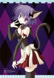 Rule 34 | 1girl, absurdres, animal ears, apron, argyle, argyle background, argyle clothes, black thighhighs, bow, breasts, cat ears, cat tail, cleavage, dress, frills, highres, image sample, medium breasts, nanao naru, original, pleated skirt, purple hair, ribbon, short hair, skirt, solo, tail, thighhighs