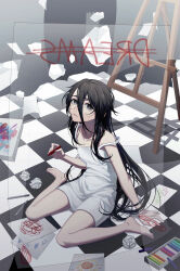 Rule 34 | 1girl, absurdres, bare legs, barefoot, black eyes, black hair, canvas (object), chalk, checkered floor, commentary, crumpled paper, drawing, dress, english text, erchongbaojun, full body, hair between eyes, highres, holding, holding chalk, long hair, looking at viewer, on floor, original, pencil, sitting, sleeveless, solo, spaghetti strap, strap slip, symbol-only commentary, transparent, very long hair, wariza, white dress