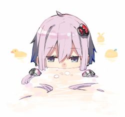 Rule 34 | 1girl, bath, blue eyes, blowing bubbles, commentary, expressionless, floating hair, food, fruit, hair ornament, half-closed eyes, hitogome, partially submerged, portrait, purple hair, rabbit, rubber duck, sidelocks, solo, toy, vocaloid, voiceroid, white background, yuzuki yukari
