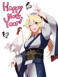 Rule 34 | 10s, 1girl, bird, blonde hair, blue eyes, chicken, chinese zodiac, happy new year, hayabusa (vert 320), headgear, highres, iowa (kancolle), japanese clothes, kantai collection, kimono, new year, one eye closed, open mouth, rooster, smile, solo, star-shaped pupils, star (symbol), symbol-shaped pupils, v, year of the rooster
