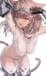 Rule 34 | 1girl, animal ears, bra, breasts, brown hair, cat ears, cat girl, cat tail, cleavage, cowboy shot, criss-cross halter, fang, final fantasy, final fantasy xiv, hair ornament, halterneck, hashtag-only commentary, highres, large breasts, leaning forward, looking at viewer, medium breasts, miqo&#039;te, navel, open mouth, purple eyes, shikina (mochigushi ), signature, skin fang, slit pupils, solo, tail, underwear, warrior of light (ff14), white bra
