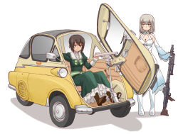 Rule 34 | 10s, 2girls, alternate costume, blue eyes, bmw, bmw isetta, boots, breasts, brown eyes, brown footwear, brown hair, car, cleavage, closed mouth, commentary, cosplay, dress, girls und panzer, green dress, gun, holding, holding weapon, itsumi erika, izetta, izetta (cosplay), long dress, long sleeves, machine gun, medium breasts, mg 34, mg 42, motor vehicle, multiple girls, name connection, nishizumi maho, ortfine fredericka von eylstadt, ortfine fredericka von eylstadt (cosplay), petticoat, shadow, shuumatsu no izetta, silver hair, simple background, sitting, smile, standing, uona telepin, vehicle focus, weapon, white background, white dress, white footwear