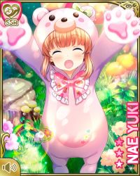 Rule 34 | 1girl, animal costume, animal hood, arms up, blue eyes, bow, bowtie, brown hair, card (medium), character name, day, closed eyes, field, flower, girlfriend (kari), grass, hood, hood up, long hair, official art, open mouth, outdoors, pink bow, qp:flapper, ribbon, smile, solo, stuffed animal, stuffed toy, sunlight, teddy bear, yuuki nae