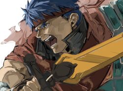 1boy blue_eyes blue_hair cape fire_emblem fire_emblem:_radiant_dawn headband highres holding holding_sword holding_weapon ike_(fire_emblem) ike_(vanguard_legend)_(fire_emblem) male_focus nintendo open_mouth ragnell red_cape red_headband short_hair sutekina_yari sword weapon white_background