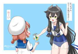 Rule 34 | 2girls, :3, alcohol, black hair, black legwear, blouse, blue one-piece swimsuit, blue sailor collar, border, brown hair, can, cowboy shot, crop top, dated, dress, green eyes, grey neckerchief, hair ribbon, hair rings, hat, headgear, i-47 (kancolle), kaiboukan no. 4 (kancolle), kantai collection, long hair, low-tied long hair, low twintails, masara (chuujou), meta, multiple girls, neckerchief, one-piece swimsuit, ribbon, sailor collar, sailor dress, sailor hat, sailor shirt, school swimsuit, see-through, see-through skirt, shirt, sidelocks, skirt, sleeveless, sleeveless shirt, submarine, swimsuit, translation request, tress ribbon, twintails, twitter username, two-tone background, upper body, very long hair, watercraft, white border, white dress, white headwear, white sailor collar