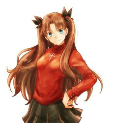 Rule 34 | 1girl, absurdres, black bow, black skirt, blue eyes, bow, brown hair, fate/stay night, fate (series), floating hair, hair bow, hand on own hip, highres, long hair, long sleeves, looking at viewer, miniskirt, pleated skirt, pon kan, red sweater, simple background, sketch, skirt, solo, standing, sweater, tohsaka rin, turtleneck, turtleneck sweater, very long hair, white background