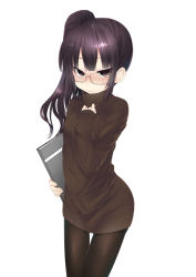 Rule 34 | 1girl, bad id, bad pixiv id, black hair, black pantyhose, blush, breasts, brown eyes, dancho (dancyo), dress, glasses, hand on own chest, long hair, original, pantyhose, ribbed sweater, side ponytail, simple background, skull.03, sleeves past wrists, small breasts, solo, sweater, sweater dress, thigh gap, thighs, turtleneck, white background