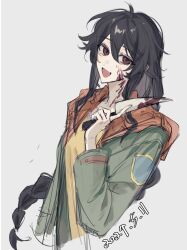 Rule 34 | 1girl, black hair, blood, blood on face, blood on neck, bloody knife, braid, chinese commentary, commentary request, dated, fang, green jacket, hair between eyes, highres, holding, holding knife, hood, hood down, jacket, knife, long hair, long sleeves, open clothes, open jacket, open mouth, open shirt, orange hood, raging loop, red eyes, serizawa chiemi, simple background, single braid, sketch, skin fang, smile, upper body, white background, xianzhou67435