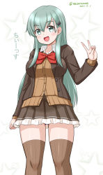 Rule 34 | 1girl, aqua hair, blazer, bow, bowtie, brown jacket, brown skirt, brown thighhighs, cardigan, commentary request, dated, frilled skirt, frills, green eyes, hair ornament, hairclip, jacket, kantai collection, long hair, masara (chuujou), orange bow, orange bowtie, pleated skirt, school uniform, skirt, solo, star (symbol), starry background, suzuya (kancolle), suzuya kai ni (kancolle), thighhighs, twitter username, v, white background