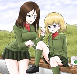 Rule 34 | 2girls, bandaid, black footwear, black hair, black skirt, blonde hair, blue eyes, blue sky, bob cut, bush, closed mouth, commentary, day, fang, first aid kit, frown, girls und panzer, green jacket, green socks, half-closed eyes, harukai-i, highres, holding bandaid, jacket, katyusha (girls und panzer), knees up, leaning forward, loafers, long sleeves, looking at another, medium hair, miniskirt, multiple girls, nonna (girls und panzer), open mouth, outdoors, pleated skirt, pravda school uniform, red shirt, school uniform, scratches, shirt, shoes, short hair, sitting, skirt, sky, smile, socks, standing, swept bangs, tearing up, turtleneck
