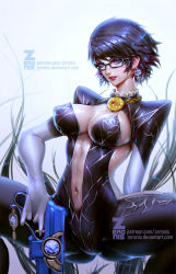 Rule 34 | 1girl, alternate hair length, alternate hairstyle, bayonetta, bayonetta (series), bayonetta 2, black hair, blue eyes, breasts, earrings, elbow gloves, female pubic hair, glasses, gloves, gradient background, jewelry, large breasts, lips, long hair, looking at viewer, md5 mismatch, mole, mole under mouth, navel, no bra, pubic hair, short hair, solo, spread legs, squatting, thighs, very long hair, zeronis