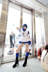 Rule 34 | 1girl, 4girls, apron, asian, black footwear, blue eyes, blue gloves, blue hair, blue socks, boots, collar, color contacts, contrapposto, cosplay, cross, cuffs, eyepatch, full body, gloves, handcuffs, high heels, highres, ikkitousen, indoors, kneehighs, looking at viewer, maid, maid apron, multiple girls, namada, photo (medium), puffy short sleeves, puffy sleeves, ryomou shimei, ryomou shimei (cosplay), short sleeves, socks, solo focus, standing