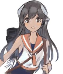 Rule 34 | 1girl, black hair, blue one-piece swimsuit, brown eyes, headgear, i-400 (kancolle), kantai collection, long hair, looking at viewer, nikai kara momoshio, one-piece swimsuit, open mouth, orange sailor collar, rigging, sailor collar, simple background, sleeveless, solo, swimsuit, swimsuit under clothes, tan, upper body, white background