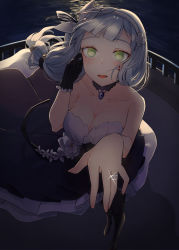 Rule 34 | 1girl, absurdres, bare shoulders, black gloves, black pantyhose, blue hair, blush, breasts, cleavage, collarbone, dress, flower, girls&#039; frontline, gloves, green eyes, hair flower, hair ornament, hand up, highres, hk416 (girls&#039; frontline), hk416 (starry cocoon) (girls&#039; frontline), holding hands, jewelry, long hair, looking at viewer, medium breasts, official alternate costume, open mouth, pantyhose, ring, sakana-ko, single glove, solo