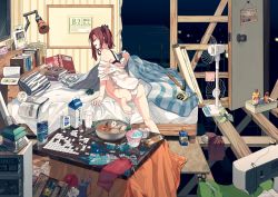 Rule 34 | 1girl, alcohol, barefoot, bed, bedroom, blanket, book, book stack, bookmark, bra, brown hair, cable, cotton ball, cup, desk lamp, drinking glass, drinking straw, electric fan, electrical outlet, closed eyes, food, fork, glass, glue stick, highres, hitogome, hitomai, indoors, knife, knitting needle, lamp, light bulb, long legs, md5 mismatch, messy room, milk carton, needle, oden, off shoulder, open book, open mouth, original, panties, pickaxe, picture frame, pillow, puzzle, puzzle piece, scarf, scissors, scrunchie, sewing machine, shaved ice, solo, spoilers, stapler, stuffed animal, stuffed rabbit, stuffed toy, stuffing, tablet pc, tape measure, underwear, white panties, yarn ball