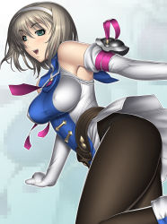 Rule 34 | 1girl, aqua eyes, armor, armored dress, bare shoulders, blonde hair, bob cut, breasts, cassandra alexandra, covered erect nipples, gloves, hairband, jumping, kansuke, large breasts, necktie, open mouth, pantyhose, pink necktie, shoulder pads, solo, soul calibur, soulcalibur, soulcalibur ii