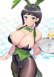 Rule 34 | 1girl, animal ears, black hair, black pantyhose, blonde hair, blush, bow, bowtie, breasts, cleavage, collarbone, commentary request, curvy, detached collar, fake animal ears, glass, green bow, green bowtie, green eyes, green leotard, happy, highres, holding, holding tray, huge breasts, kawase seiki, kirigaya suguha, large breasts, leotard, long hair, looking at viewer, navel, pantyhose, playboy bunny, pointy ears, rabbit ears, short hair, sketch, skin tight, skindentation, solo, sword art online, thick thighs, thighs, tray