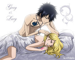Rule 34 | 1boy, 1girl, afterglow, artist name, bed sheet, blonde hair, character name, couple, english text, fairy tail, gray fullbuster, hetero, lucy heartfilia, milady666, naked sheet, sleeping, white background