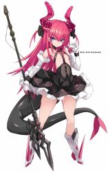 Rule 34 | 1girl, asymmetrical horns, blue eyes, boots, breasts, corset, curled horns, detached sleeves, dragon girl, dragon horns, dragon tail, elizabeth bathory (fate), elizabeth bathory (fate/extra ccc), elizabeth bathory (first ascension) (fate), fate/extra, fate/extra ccc, fate (series), finger cots, full body, highres, holding, holding polearm, holding weapon, horns, karukan (monjya), long hair, pink hair, pointy ears, polearm, sarkany csont landzsa, small breasts, solo, spiked boots, spiked footwear, standing, tail, uneven horns, weapon, white footwear