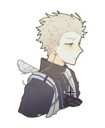 Rule 34 | 1boy, bird, black gloves, black jacket, blonde hair, chinese commentary, closed mouth, commentary request, cross, earrings, film grain, gloves, green eyes, guangfeiji, highres, holding, holding cross, jacket, jewelry, male focus, profile, rumeld othmayer, saibou shinkyoku, short hair, simple background, solo, stole, white background