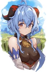 Rule 34 | 1girl, ahoge, bare shoulders, bell, blue hair, blue sky, breasts, brown eyes, closed mouth, cloud, commentary request, cropped torso, crossed bangs, curled horns, ganyu (genshin impact), genshin impact, goat horns, highres, horns, looking at viewer, medium breasts, nasubin (nasubisamurai15), neck bell, outdoors, red horns, sidelocks, sky, solo, upper body