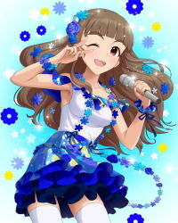 Rule 34 | 10s, 1girl, aqua background, armpits, blue ribbon, blush, breasts, brown hair, eyebrows, floral background, floral print, flower, frilled skirt, frills, hair flower, hair ornament, idolmaster, idolmaster cinderella girls, kamiya nao, layered skirt, long hair, looking at viewer, official art, one eye closed, open mouth, red eyes, ribbon, shirt, skirt, solo, teeth, thighhighs, white shirt, white thighhighs, wink