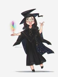 Rule 34 | 1girl, artist name, black cape, black footwear, black hat, black robe, brown eyes, brown hair, cape, capricorn (constellation), constellation print, crystal, dated, floating, full body, glasses, hat, highres, libra (constellation), looking at viewer, original, porforever, robe, simple background, solo, white background, witch, witch hat
