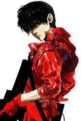 Rule 34 | 1boy, akira (manga), biker clothes, black eyes, black hair, closed mouth, cowboy shot, gloves, gun, highres, holding, holding gun, holding weapon, jacket, kaneda shoutarou (akira), looking at viewer, male focus, my nameisyoon, red gloves, red jacket, short hair, simple background, solo, standing, v-shaped eyebrows, weapon, white background