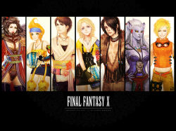 Rule 34 | 00s, 3boys, 4girls, androgynous, ass, auron, ball, black hair, black legwear, blonde hair, blue eyes, breasts, brown hair, cleavage, coat, column lineup, copyright name, final fantasy, final fantasy x, fur coat, furry, garter straps, genderswap, genderswap (ftm), genderswap (mtf), goggles, green eyes, hair ornament, hairclip, hand on own hip, j (onose1213), japanese clothes, jewelry, kimahri ronso, kimono, legs, lips, lipstick, long hair, looking at viewer, looking away, lulu (ff10), makeup, medium breasts, midriff, multiple boys, multiple girls, muscular, necklace, one eye closed, overalls, ponytail, red eyes, rikku (ff10), scar, serious, short hair, small breasts, smile, smirk, square enix, standing, sword, thighhighs, tidus, wakka, weapon, white hair, wink, x hair ornament, yellow eyes, yuna, yuna (ff10)