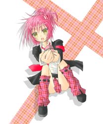 Rule 34 | 1girl, :o, armlet, between legs, black jacket, blush, dutch angle, foreshortening, full body, green eyes, hinamori amu, holding, jacket, jhonwalker, leg warmers, loafers, looking at viewer, open mouth, pink hair, ponytail, shoes, shugo chara!, simple background, sitting, solo, white background