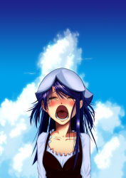 Rule 34 | 1girl, amanchu!, bad id, bad pixiv id, blue hair, blush, cloud, crying, day, closed eyes, hat, long hair, marble (pixiv), ooki futaba, open mouth, sky, sobbing, solo, tears
