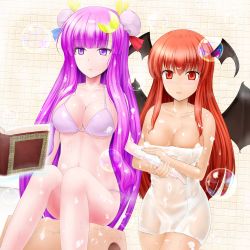 Rule 34 | 2girls, bare shoulders, bat wings, bathing, bikini, breasts, bubble, cleavage, collarbone, crescent, crescent hair ornament, double bun, female focus, hair bun, hair ornament, head wings, highres, koakuma, large breasts, long hair, multiple girls, naked towel, navel, patchouli knowledge, purple eyes, purple hair, reading, red eyes, red hair, revision, same-sex bathing, see-through, shared bathing, sitting, soap, swimsuit, touhou, towel, very long hair, wings, y2