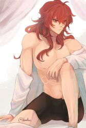 Rule 34 | 1boy, black male underwear, closed mouth, diluc (genshin impact), doveluc, genshin impact, hair between eyes, highres, long hair, long sleeves, male focus, male underwear, navel, nipples, red eyes, red hair, shirt, solo, stomach, topless male, underwear, white shirt