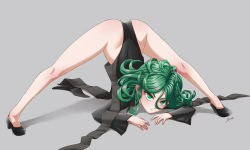 Rule 34 | 1girl, absurdres, arm rest, artist request, ass, bare legs, black dress, black footwear, blush, curly hair, dress, female focus, flexible, green eyes, green hair, grey background, highres, huge ass, jack-o&#039; challenge, looking at viewer, matching hair/eyes, meme, nail polish, one-punch man, shiny skin, shoes, side slit, signature, simple background, solo, spread legs, stretching, tatsumaki, top-down bottom-up, wide spread legs