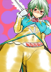 Rule 34 | 1girl, arioarimura, asellus (saga frontier), breasts, cameltoe, closed mouth, commentary request, covered erect nipples, covered navel, dress, gloves, green hair, looking at viewer, red eyes, saga, saga frontier, short hair, solo, square enix, weapon
