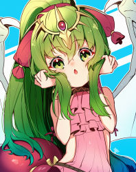 Rule 34 | 1girl, child, dragon girl, dragon wings, fire emblem, fire emblem: mystery of the emblem, fire emblem heroes, frilled swimsuit, frills, green eyes, green hair, hair between eyes, head tilt, highres, long hair, looking at viewer, nakabayashi zun, nintendo, official alternate costume, one-piece swimsuit, pink one-piece swimsuit, ponytail, solo, swimsuit, tiara, tiki (fire emblem), tiki (young) (fire emblem), wings