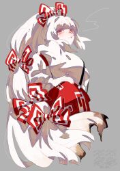 Rule 34 | 1girl, arm strap, artist name, baggy pants, blunt bangs, bow, brbr vrvr, burnt hair, cigarette, closed mouth, collared shirt, commentary, cropped legs, from side, fujiwara no mokou, grey background, hair bow, hand on own hip, highres, long hair, long sleeves, looking at viewer, ofuda, ofuda on clothes, pants, pink nails, ponytail, red bow, red eyes, red pants, shirt, simple background, smoking, solo, suspenders, touhou, two-tone bow, very long hair, white bow, white hair, white shirt