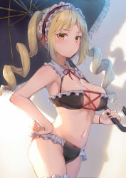 Rule 34 | 1girl, aisha (king&#039;s raid), alexmaster, bare arms, bare shoulders, bikini, black hairband, black umbrella, blonde hair, breasts, brown eyes, cleavage, closed mouth, commentary request, drill hair, eyebrows, fingernails, frilled bikini, frilled hairband, frilled shirt collar, frilled umbrella, frills, hairband, hand on own hip, highres, holding, holding umbrella, king&#039;s raid, large breasts, long hair, looking at viewer, maid, maid bikini, maid headdress, multicolored background, navel, neck ribbon, open mouth, red ribbon, ribbon, short hair, sidelocks, simple background, solo, standing, swimsuit, twin drills, twintails, umbrella, unconventional maid, yellow eyes