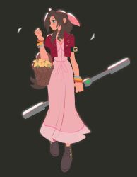 Rule 34 | 1girl, aerith gainsborough, bangle, basket, boots, bracelet, braid, braided ponytail, brown footwear, brown hair, buttons, choker, cropped jacket, dress, final fantasy, final fantasy vii, final fantasy vii rebirth, final fantasy vii remake, flower, flower basket, full body, green eyes, grey background, hair ribbon, highres, holding, holding basket, holding staff, jacket, jewelry, light blush, lily (flower), long dress, long hair, looking to the side, materia, omentu5, parted bangs, pink dress, pink ribbon, red jacket, ribbon, ribbon choker, short sleeves, sidelocks, single braid, solo, staff, wavy hair, weapon behind back, yellow flower
