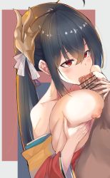 Rule 34 | 1boy, 1girl, ahoge, azur lane, bad id, bad pixiv id, bar censor, bare shoulders, black hair, blush, breasts, breasts out, breasts squeezed together, censored, collarbone, crossed bangs, dress, fellatio, hair between eyes, hair ribbon, hetero, highres, huge breasts, japanese clothes, kimono, long hair, long sleeves, mask, mask on head, nipples, off shoulder, oral, paizuri, penis, red dress, red eyes, red kimono, red ribbon, ribbon, saliva, solo focus, striped ribbon, suujiniku, taihou (azur lane), twintails, veins, veiny penis, wide sleeves