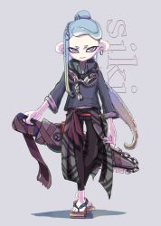 Rule 34 | 1boy, black pants, blue eyes, blue hair, closed mouth, commentary request, earrings, full body, fuyu noke, geta, goggles, gradient hair, green hair, grey background, grizzco splatana (splatoon), holding, holding sword, holding weapon, jewelry, long hair, looking at viewer, male focus, multicolored hair, nintendo, octoling, octoling boy, octoling player character, pants, pink eyes, simple background, solo, splatoon (series), splatoon 3, standing, sword, tentacle hair, two-tone eyes, two-tone hair, very long hair, waist ribbon, weapon