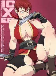 Rule 34 | 1girl, belt, blade, breasts, cleavage, gloves, highres, large breasts, nail polish, red hair, sgt crisis, short hair, weapon