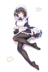 Rule 34 | 1girl, a.x., absurdres, apron, arm support, ass, bad id, bad pixiv id, black hair, black pantyhose, blunt bangs, blush, breasts, clothes lift, dress, dress lift, full body, green eyes, heart, highres, large breasts, legs, long sleeves, looking at viewer, maid, maid apron, maid headdress, nose blush, original, pantyhose, photo-referenced, seductive smile, short hair, simple background, sitting, smile, solo, white apron, white background
