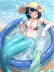 Rule 34 | 1girl, artist name, awono nanaumi, beach, bikini, bikini top only, blue bikini, blue hair, blush, breasts, cleavage, collarbone, commentary request, food, fukami nana (awono nanaumi), green eyes, hair flaps, hat, highres, holding, holding food, large breasts, looking at viewer, mermaid, monster girl, navel, original, outdoors, popsicle, short hair, sitting, smile, solo, straw hat, sun hat, swimsuit, teeth, wading pool, water, watermark